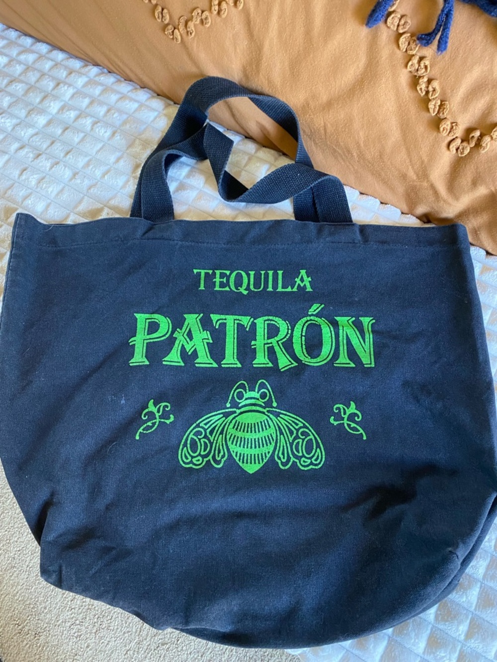 Patrón Tequila Black Tote Bag with Orange side and Green side Logo
